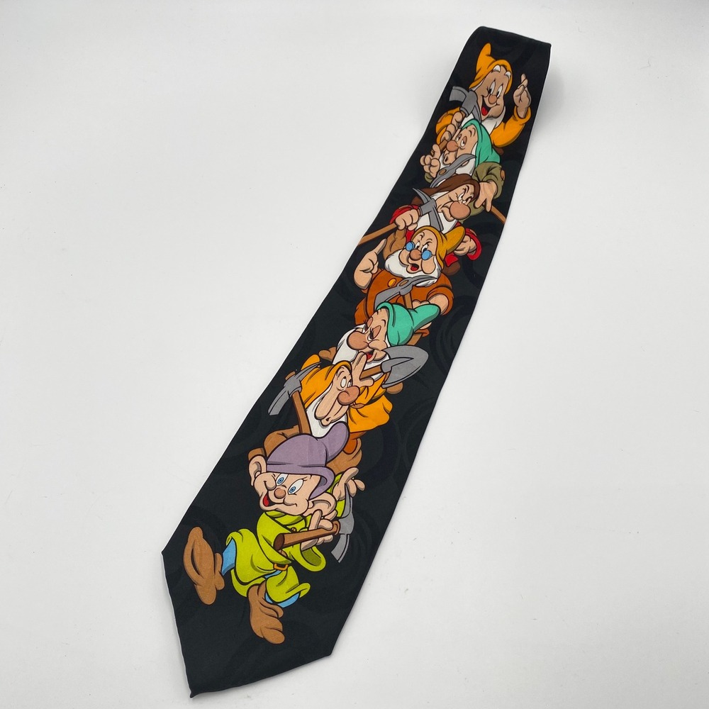 Disney Seven Dwarfs Tie Mickey Inc Vintage‎ Black Silk Novelty Men's